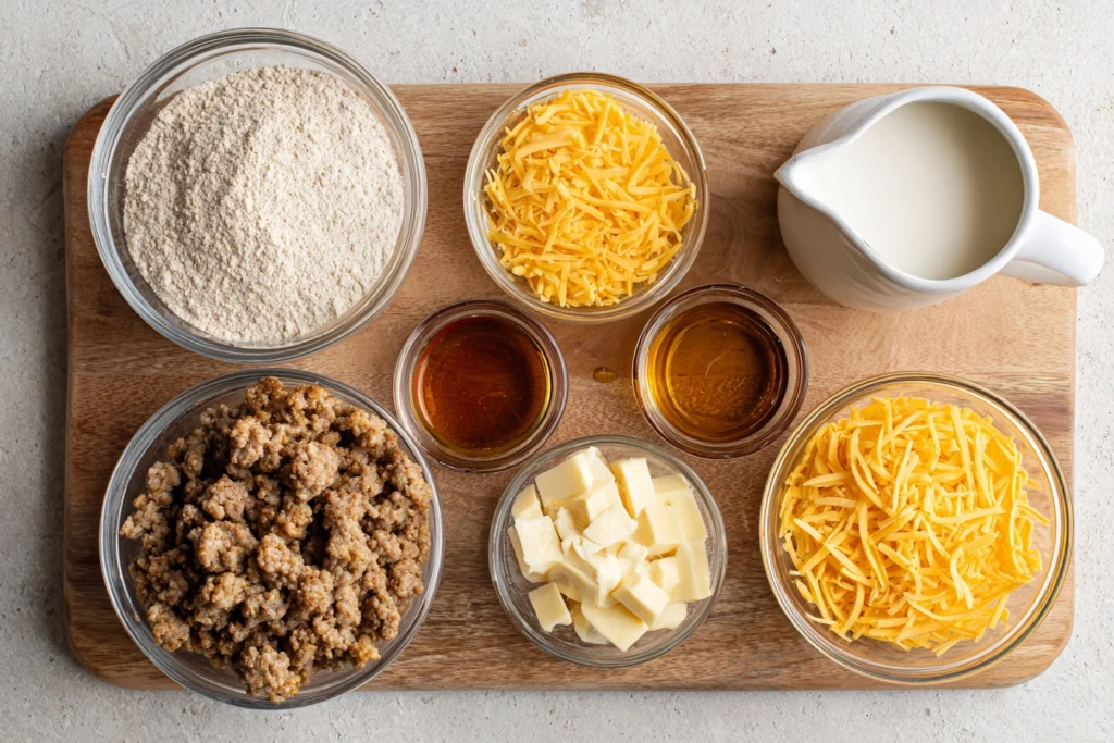 Irresistible McGriddle Bites: Sweet and Savory Breakfast Magic 6 overhead 8k flat lay of mcgriddle bites ingredients pancake mix sausage cheddar maple syrup