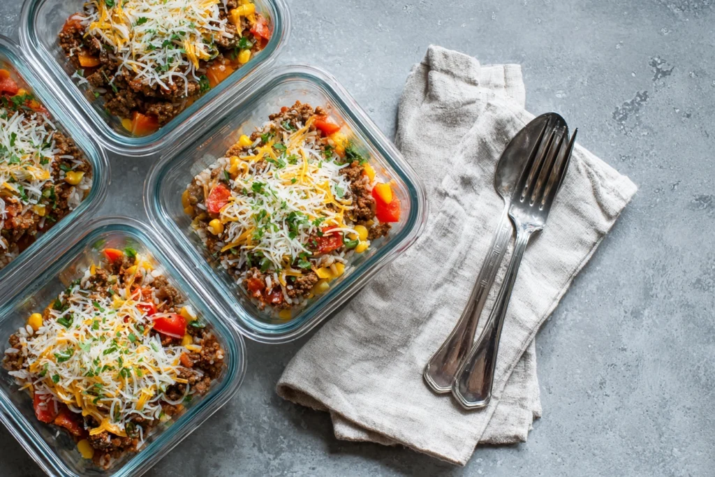 overhead image of leftover slow cooker taco casserole in airtight meal prep containers on a kitchen counter