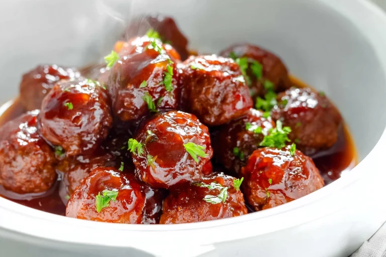 Photorealistic image of meatballs with grape jelly sauce on a modern kitchen counter