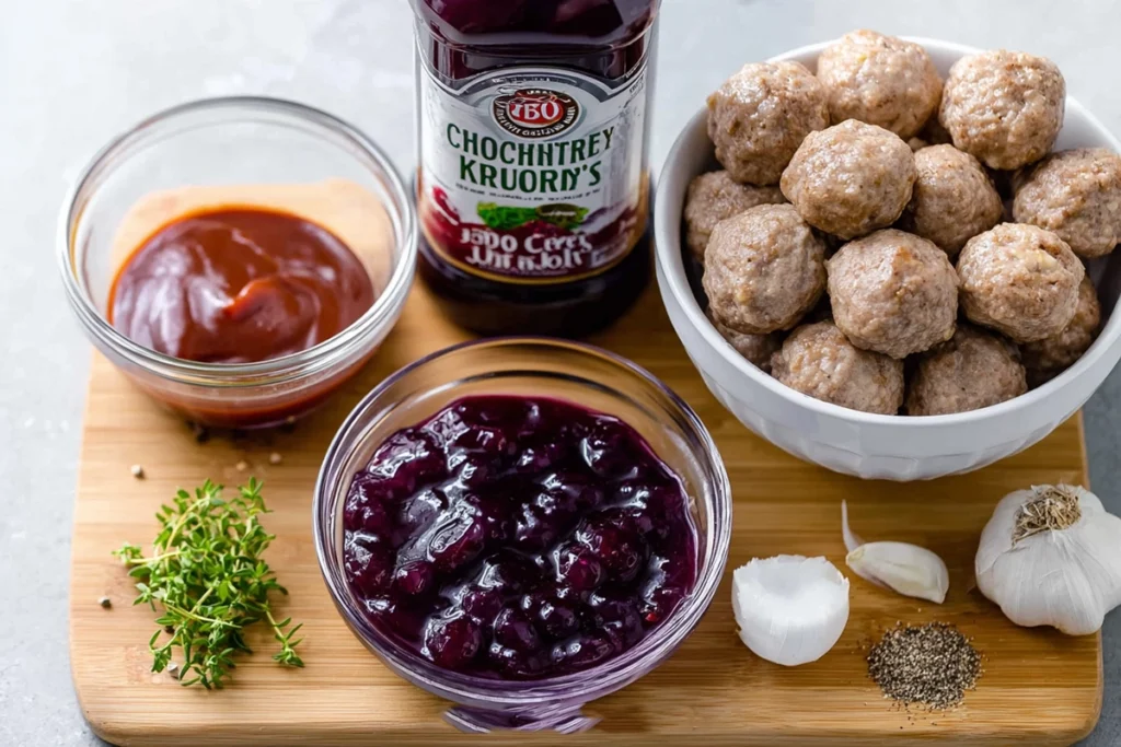 Overhead image of ingredients for meatballs with grape jelly including sauces and frozen meatballs