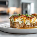 Meatloaf with Mashed Potatoes and Cheese – The Ultimate Comfort Casserole You’ll Crave 11 beautifully plated meatloaf with mashed potatoes and cheese topped with golden melted cheddar in modern kitchen