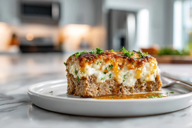 beautifully plated meatloaf with mashed potatoes and cheese topped with golden melted cheddar in modern kitchen