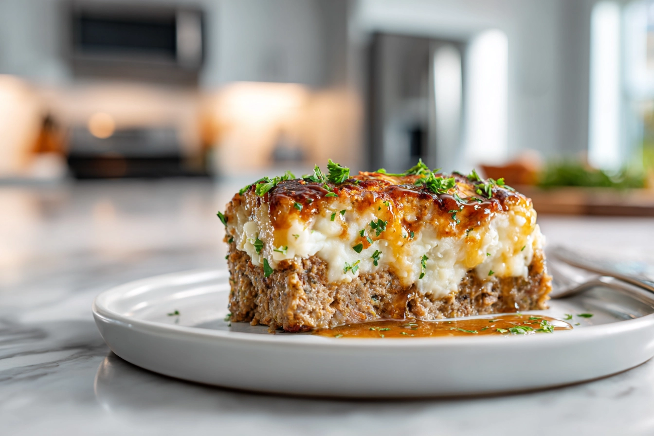 Meatloaf with Mashed Potatoes and Cheese – The Ultimate Comfort Casserole You’ll Crave 6 beautifully plated meatloaf with mashed potatoes and cheese topped with golden melted cheddar in modern kitchen
