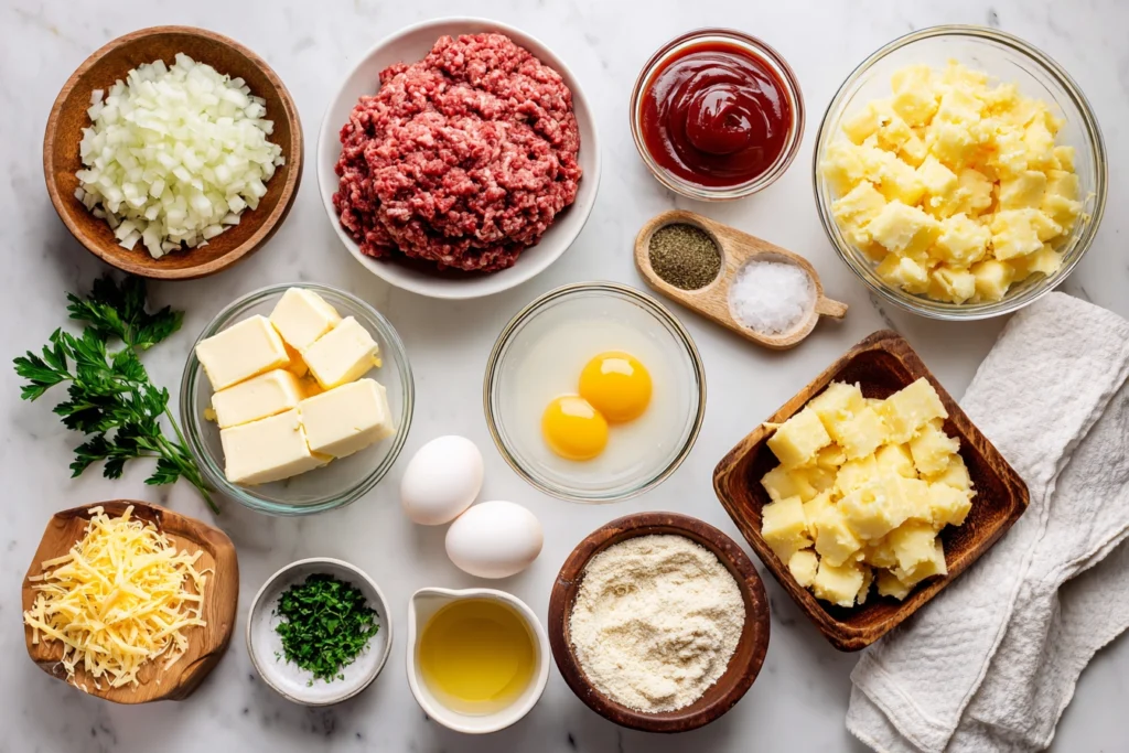 Meatloaf with Mashed Potatoes and Cheese – The Ultimate Comfort Casserole You’ll Crave 7 overhead shot of meatloaf with mashed potatoes and cheese ingredients neatly arranged on marble counter