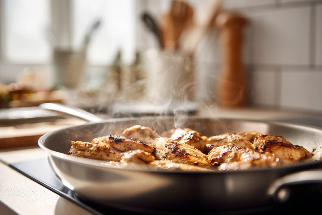 Golden marinated chicken cooking in a skillet for Mediterranean Chicken Gyros