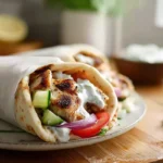 Mediterranean Chicken Gyros plated with tzatziki sauce and fresh vegetables in a modern kitchen