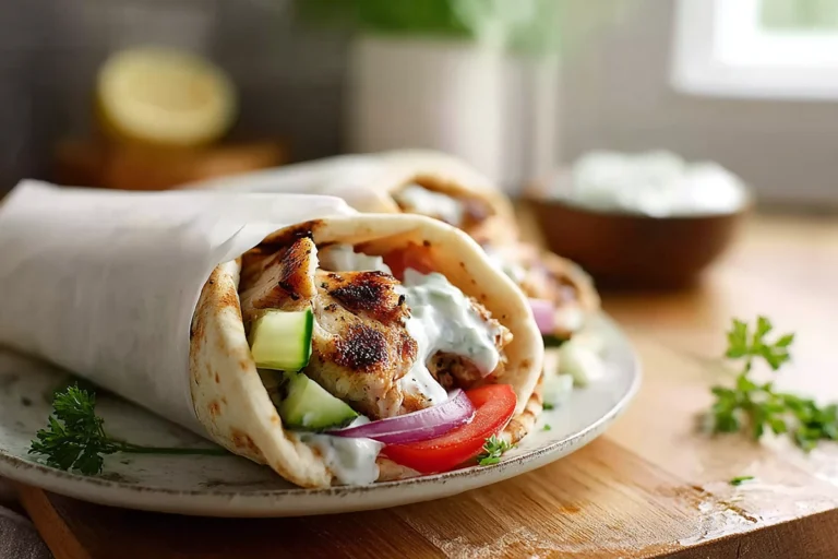 Mediterranean Chicken Gyros plated with tzatziki sauce and fresh vegetables in a modern kitchen