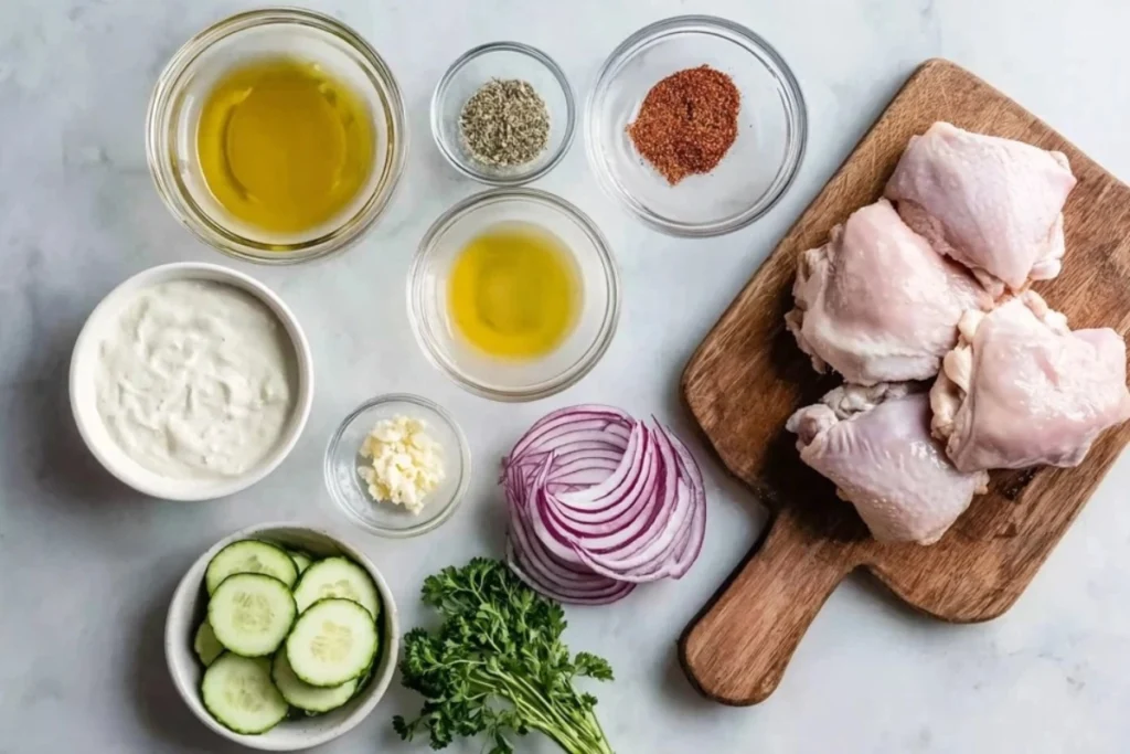 Overhead view of Mediterranean Chicken Gyros ingredients including yogurt, olive oil, spices, and fresh vegetables