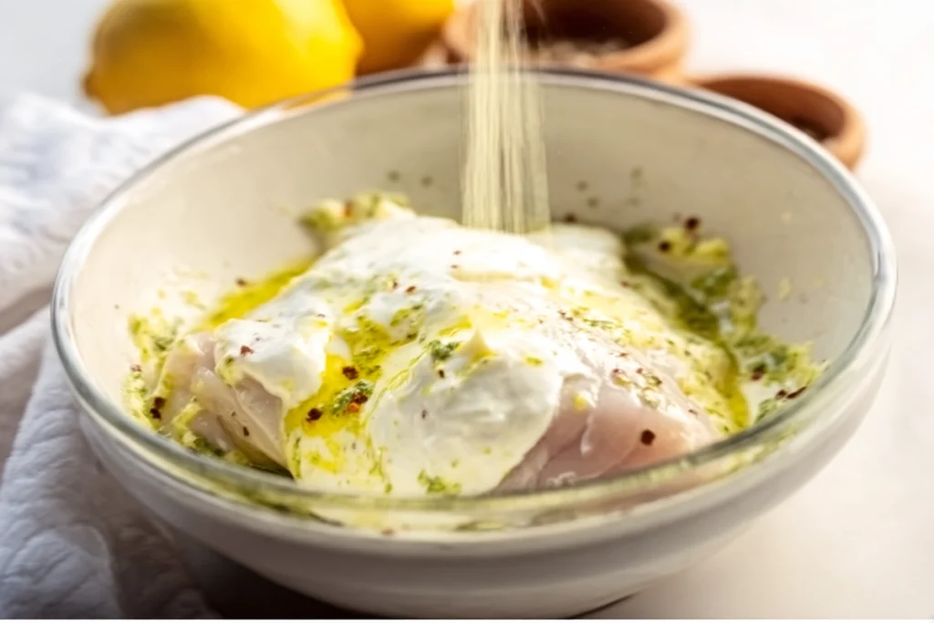 Chicken marinated in yogurt, lemon, and spices for Mediterranean Chicken Gyros