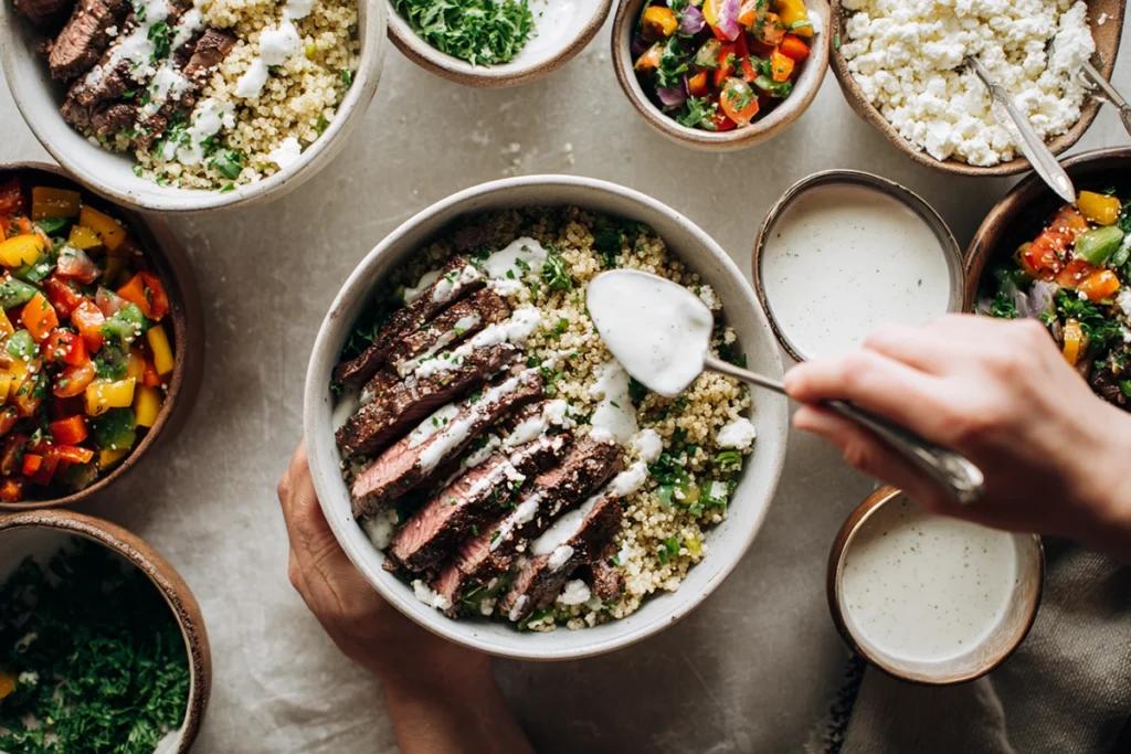 Mediterranean Steak Bowl – A Flavor-Packed Dinner You’ll Crave Again and Again 10 Overhead photo of assembling a Mediterranean steak bowl with quinoa, grilled steak, and vegetables on a clean kitchen counter.
