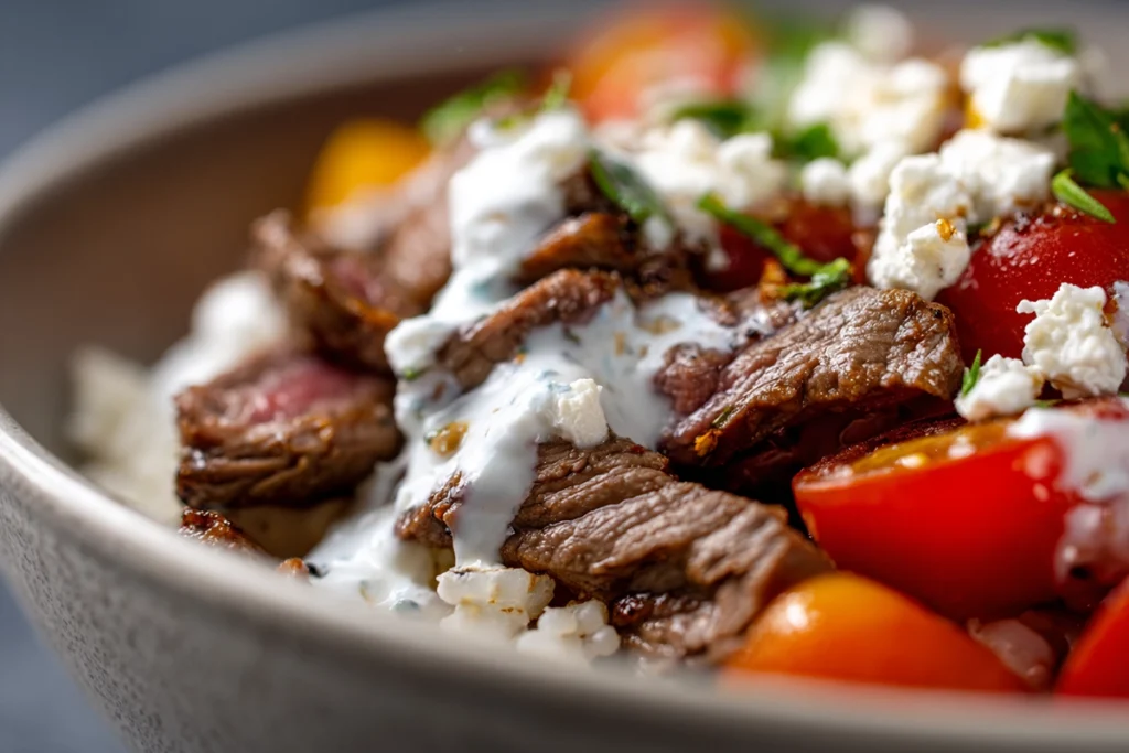Mediterranean Steak Bowl – A Flavor-Packed Dinner You’ll Crave Again and Again 11 Close-up of Mediterranean steak bowl showing steak texture, yogurt sauce, and fresh toppings with natural daylight.