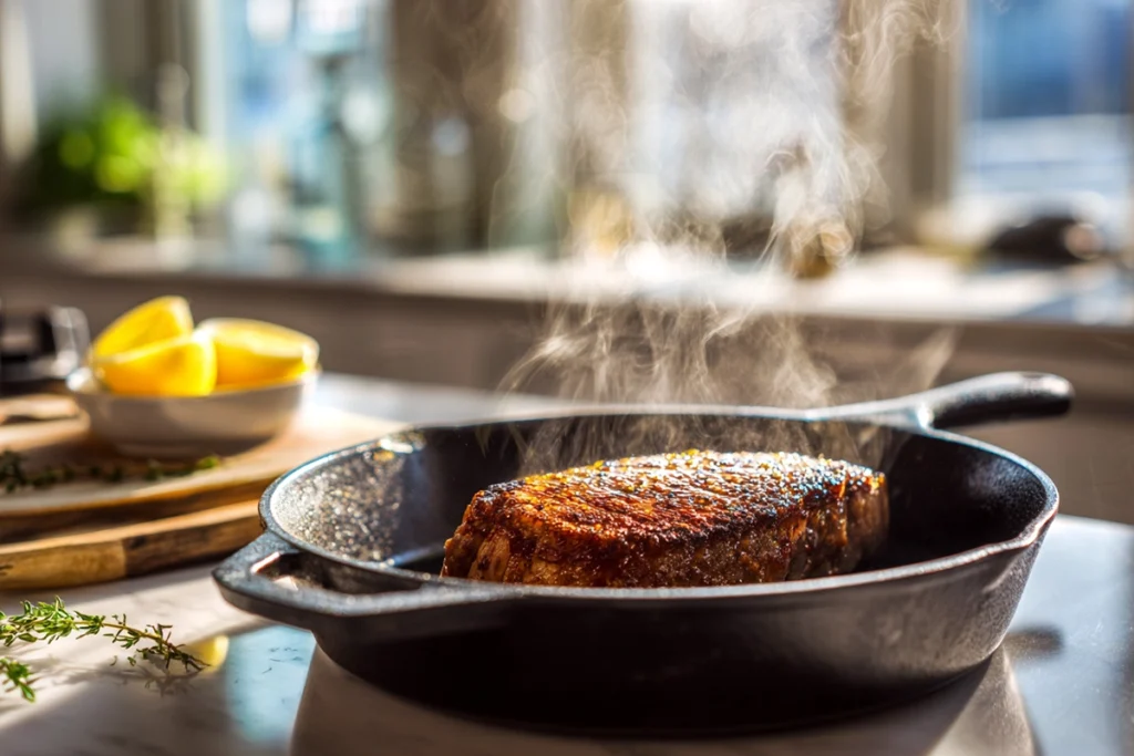 Mediterranean Steak Bowl – A Flavor-Packed Dinner You’ll Crave Again and Again 9 Grilling steak for Mediterranean steak bowl in a modern kitchen, close-up showing sizzling texture and natural light.