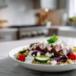 Mediterranean Steak Bowl – A Flavor-Packed Dinner You’ll Crave Again and Again 7 Overhead shot of Mediterranean steak bowl ingredients including steak, vegetables, feta, olives, quinoa, and yogurt sauce in a modern kitchen.