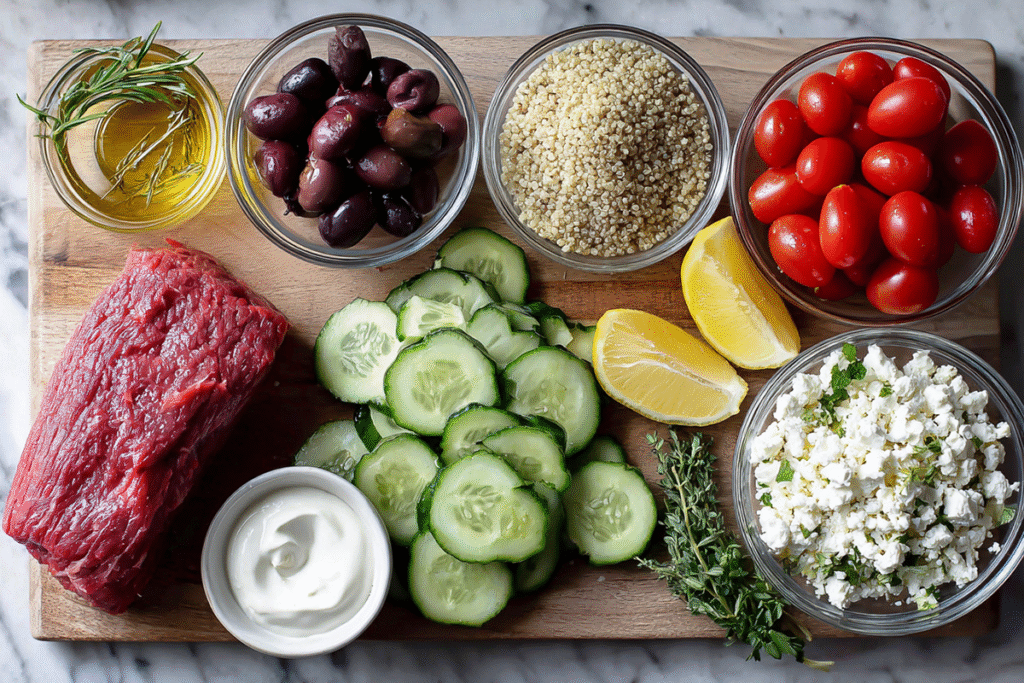 Mediterranean Steak Bowl – A Flavor-Packed Dinner You’ll Crave Again and Again 8 Overhead shot of Mediterranean steak bowl ingredients including steak, vegetables, feta, olives, quinoa, and yogurt sauce in a modern kitchen.