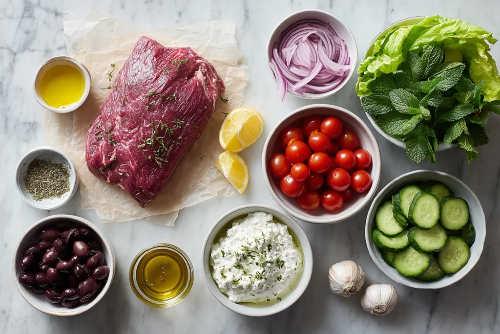 Ingredients for Mediterranean steak bowl arranged on marble counter
