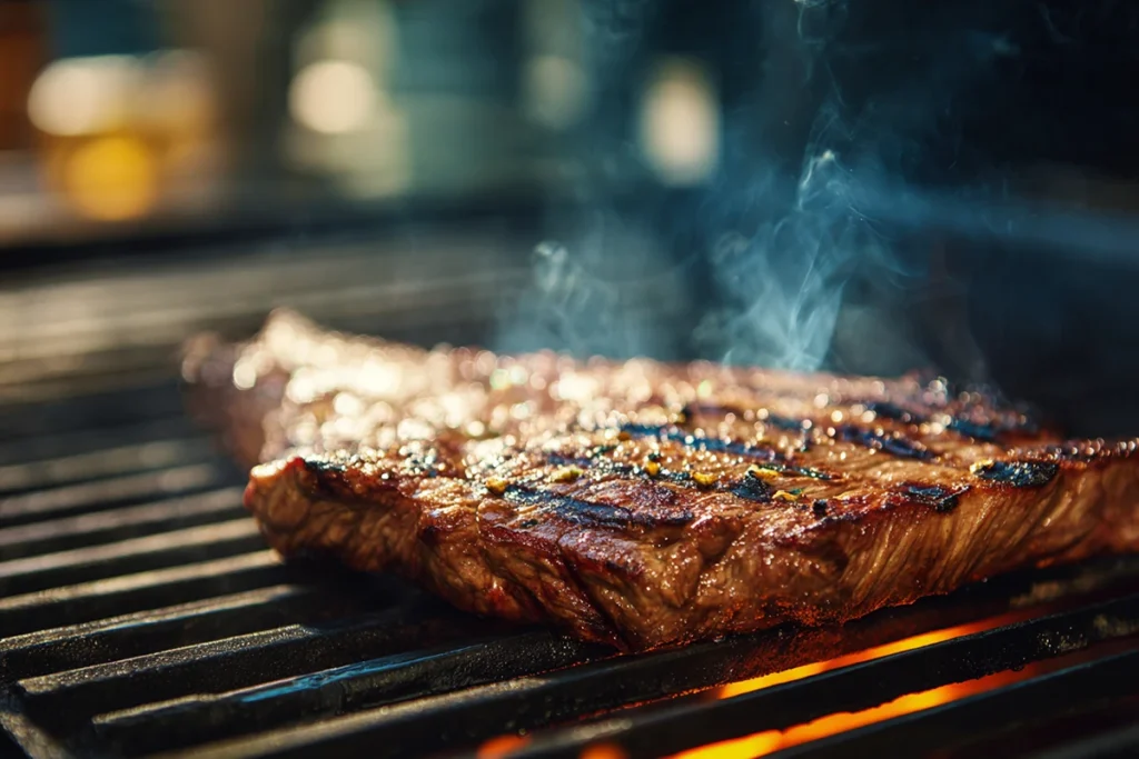 Flank steak searing on grill for Mediterranean steak bowl