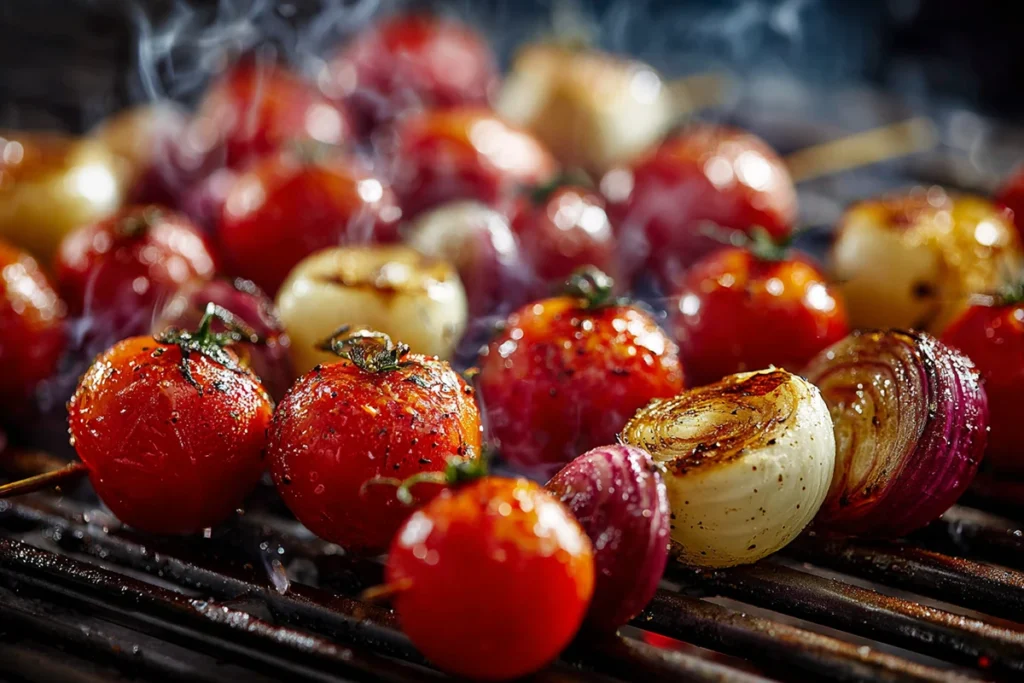 Grilled cherry tomatoes and red onions for Mediterranean steak bowl