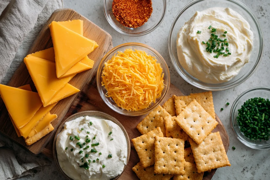 Irresistible Mini Cheese Cracker Pumpkin Pies – A Fun Fall Snack You’ll Love 8 Overhead shot of ingredients for mini cheese cracker pumpkin pies on wooden board and glass bowls