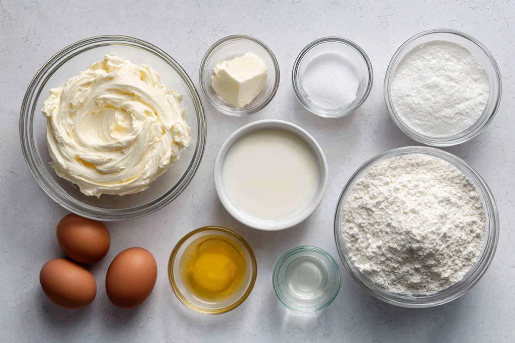 Ingredients for Mini Japanese Cotton Cheesecake arranged overhead on a kitchen counter