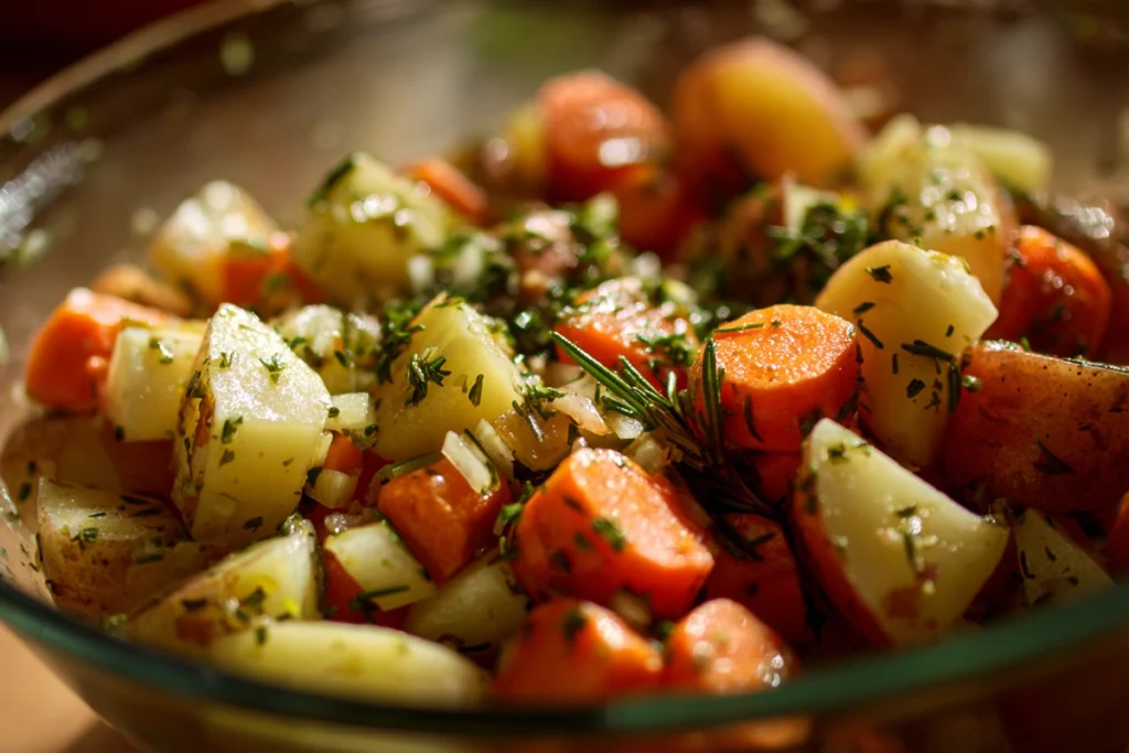 Garlic Herb Roasted Potatoes, Carrots, and Zucchini: The Perfect Easy Side Dish 7 seasoned potatoes and carrots with garlic and herbs in a glass bowl ready for roasting
