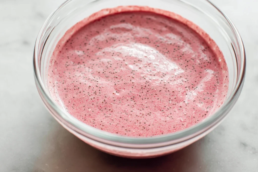 mixing raspberry chia pudding before chilling