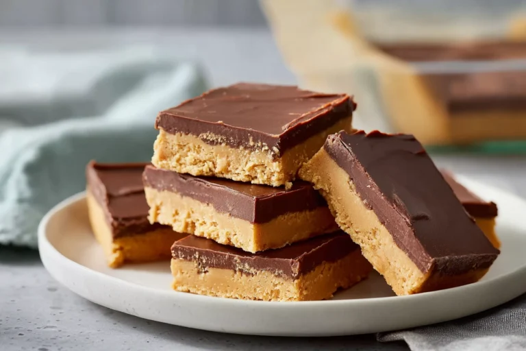 no bake dessert peanut butter bars served on a modern plate in bright kitchen