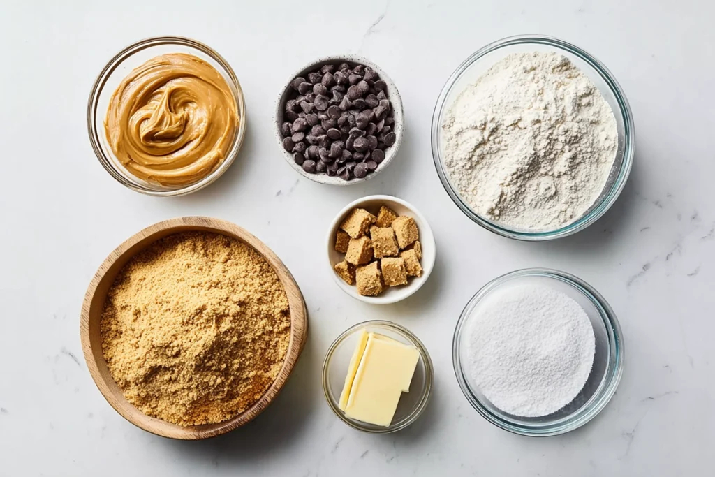 ingredients for no bake dessert peanut butter bars arranged on white countertop