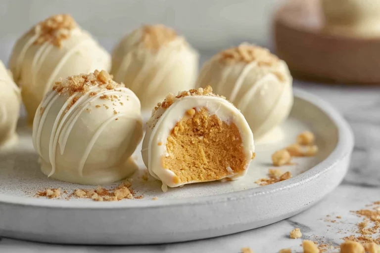 close-up of no bake pumpkin cheesecake balls on modern plate in daylight kitchen