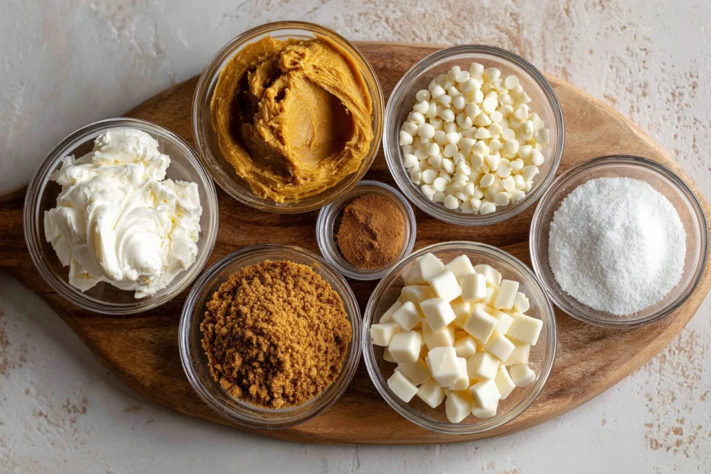 No Bake Pumpkin Cheesecake Balls: A Creamy Fall Treat You’ll Crave 8 overhead view of ingredients for no bake pumpkin cheesecake balls arranged in glass bowls