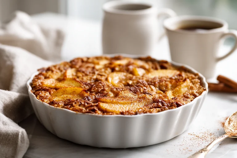 oatmeal apple breakfast bake with golden crust and baked apple pieces in a white dish