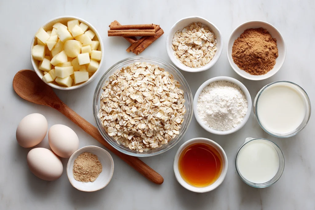 Cozy Oatmeal Apple Breakfast Bake for Chilly Mornings 7 overhead shot of oatmeal apple breakfast bake ingredients in glass bowls on marble countertop