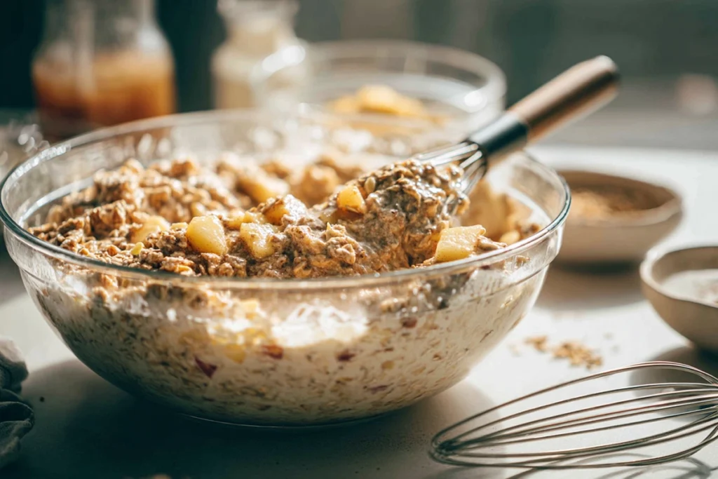 Cozy Oatmeal Apple Breakfast Bake for Chilly Mornings 8 mixing oats apples and milk for oatmeal apple breakfast bake in a glass bowl