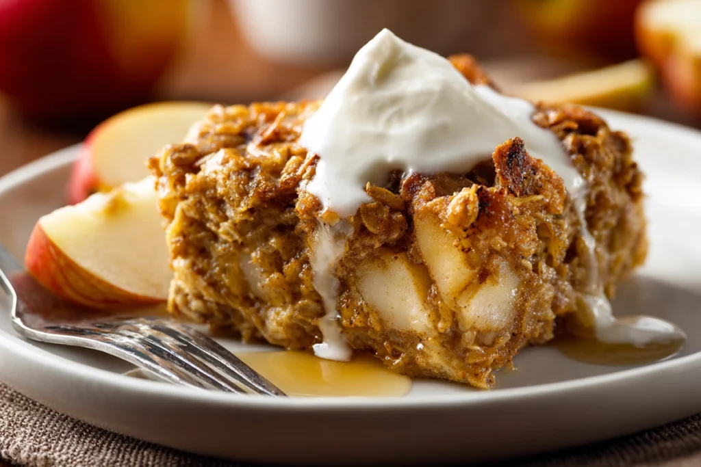 Cozy Oatmeal Apple Breakfast Bake for Chilly Mornings 10 plated serving of oatmeal apple breakfast bake with maple syrup and apple slices