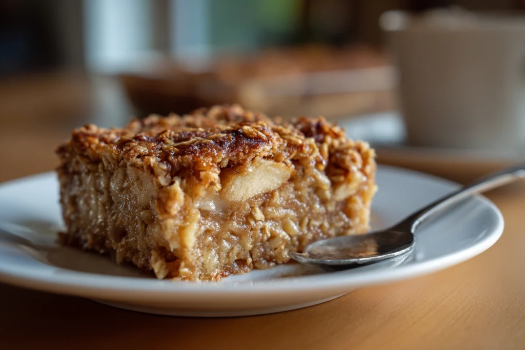Served oatmeal apple breakfast bake with soft texture and warm apples