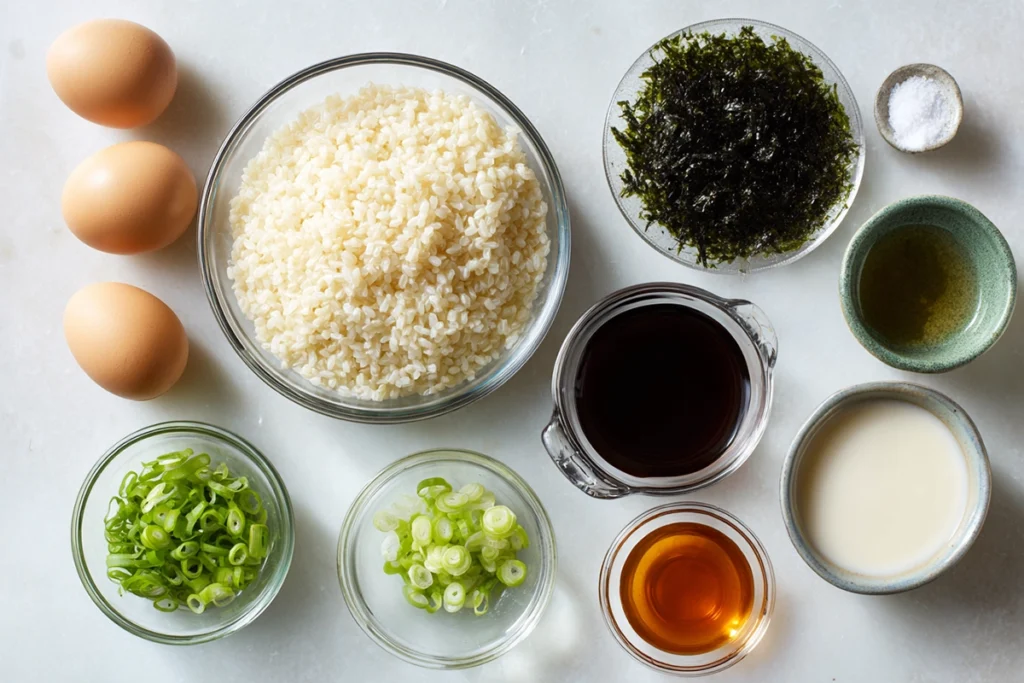 Okayu With Egg for Gentle Comfort on Quiet Days 7 ingredients for okayu with egg arranged neatly on a countertop