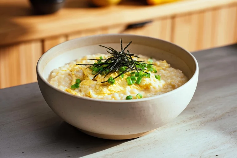 okayu with egg served warm in a modern ceramic bowl