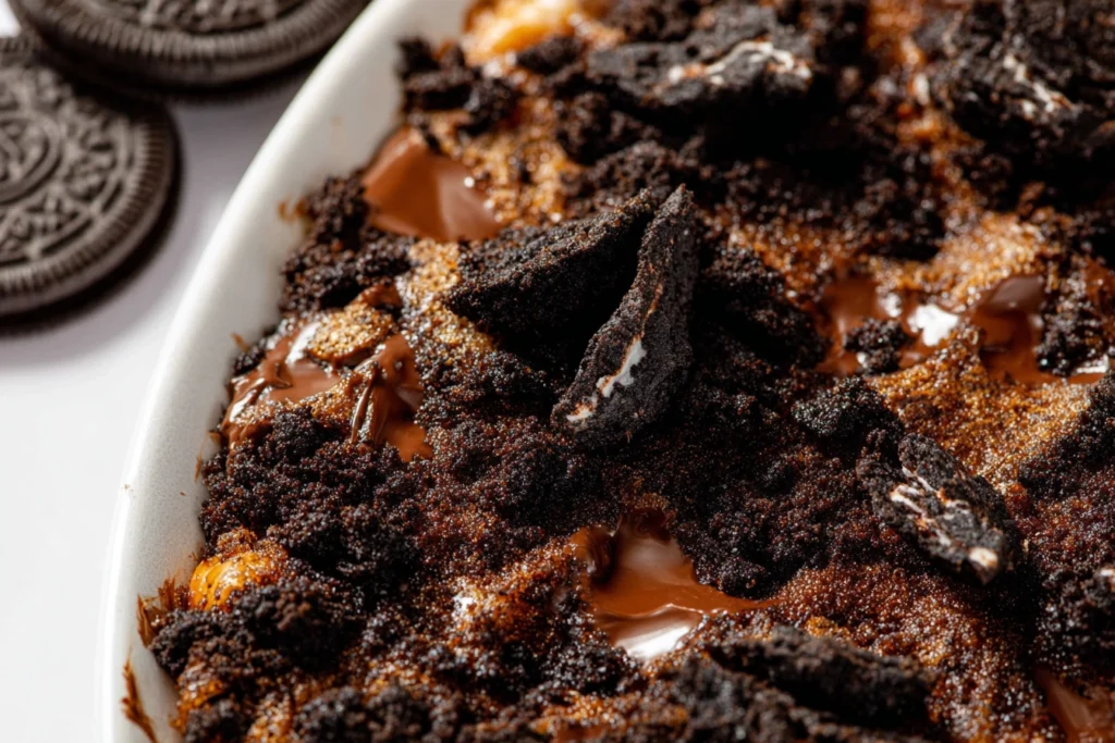 Close-up of Oreo Dump Cake texture with gooey chocolate and cookie crumbs