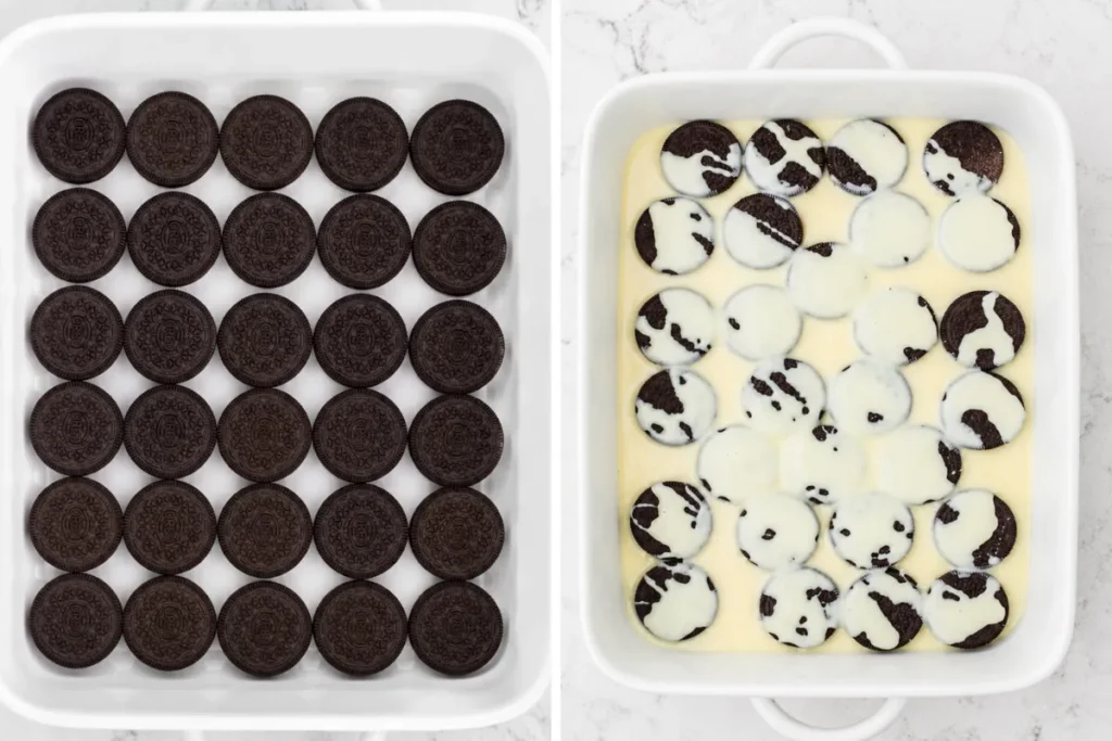 Oreo Dump Cake for an Easy Cookies-and-Cream Dessert 3 Oreo Dump Cake with sweetened condensed milk poured over Oreo cookies