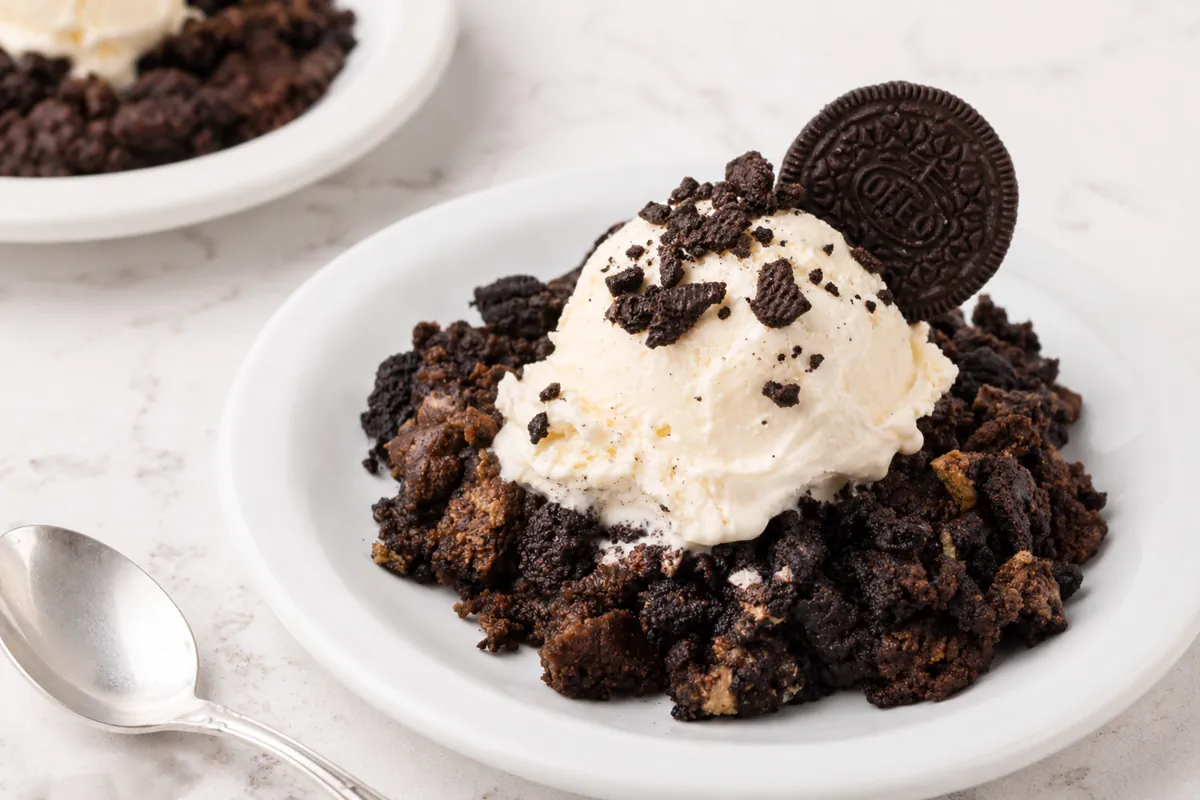 Oreo Dump Cake for an Easy Cookies-and-Cream Dessert 1 Mohamed Ayad's Oreo Dump Cake Recipe served warm with vanilla ice cream and chopped Oreos