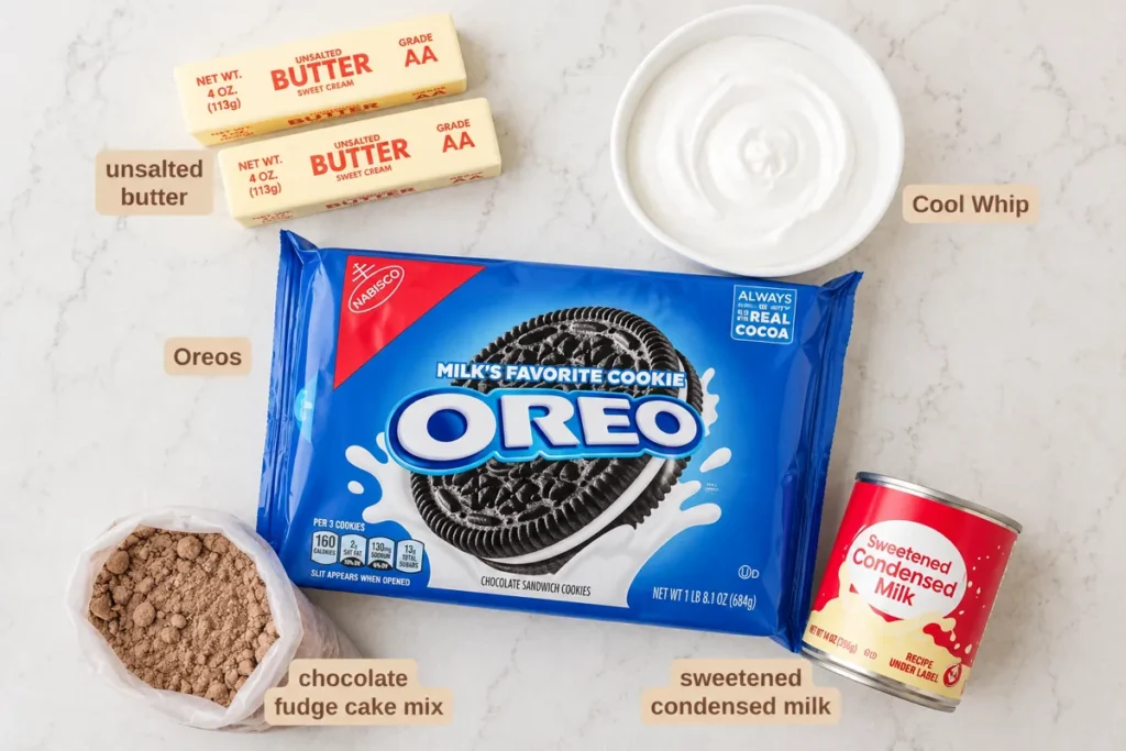 Oreo Dump Cake for an Easy Cookies-and-Cream Dessert 2 Oreo Dump Cake ingredients with cookies condensed milk whipped topping cake mix and melted butter