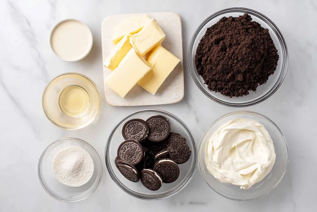 Overhead photo of Oreo Dump Cake ingredients including Oreos, cake mix, butter, and condensed milk