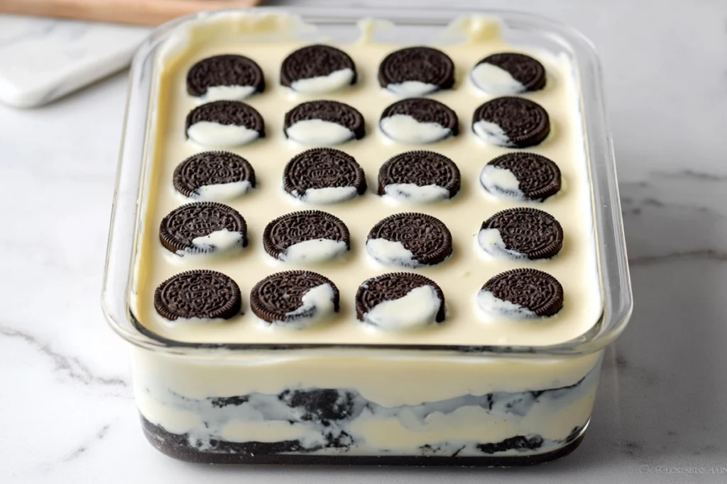 Oreo Dump Cake layers before baking with crushed Oreos, condensed milk, and butter