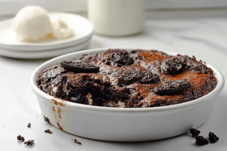 Oreo Dump Cake fresh from oven with melted chocolate and cookie topping