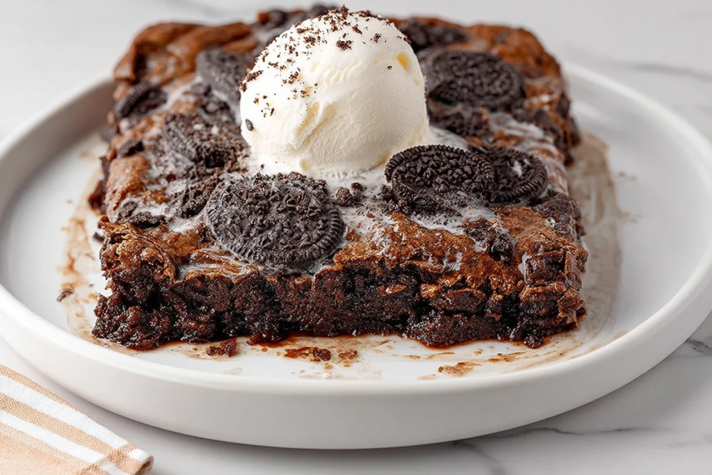 Plated Oreo Dump Cake with vanilla ice cream on modern kitchen counter