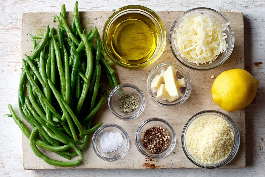 Parmesan Roasted Green Beans: The Crispy, Flavor-Packed Side Dish You’ll Crave 8 Overhead shot of fresh green beans, parmesan, olive oil, and spices for parmesan roasted green beans recipe