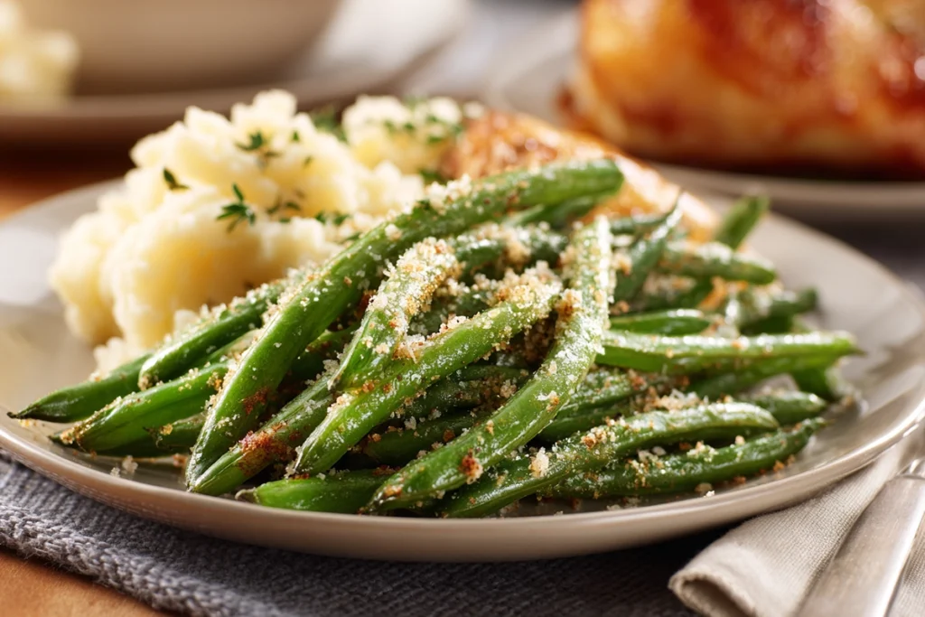 Parmesan Roasted Green Beans: The Crispy, Flavor-Packed Side Dish You’ll Crave 11 Parmesan roasted green beans served with roasted chicken and mashed potatoes on a modern table setting