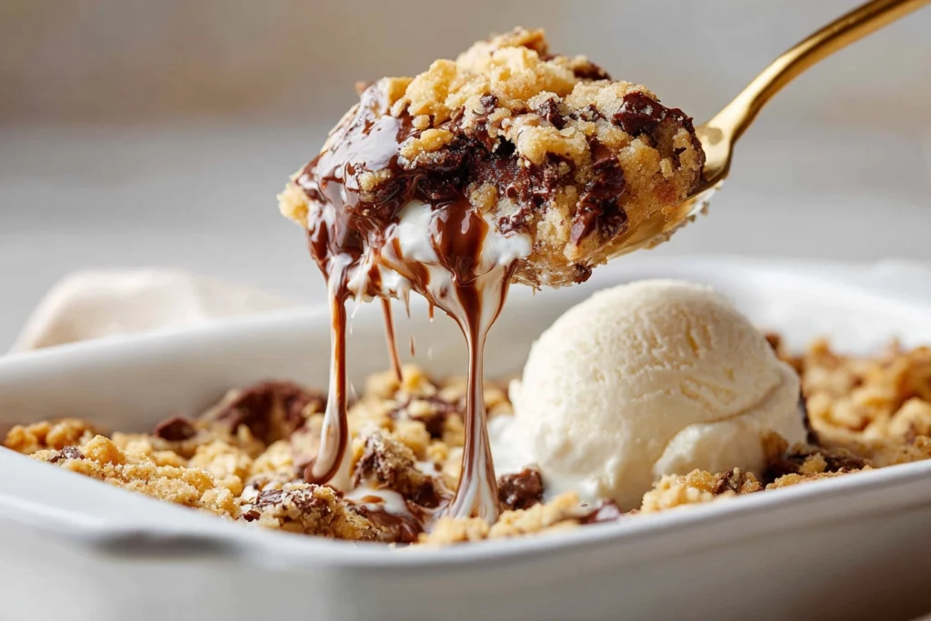 close-up of a serving of peanut butter cup dump cake delight with vanilla ice cream