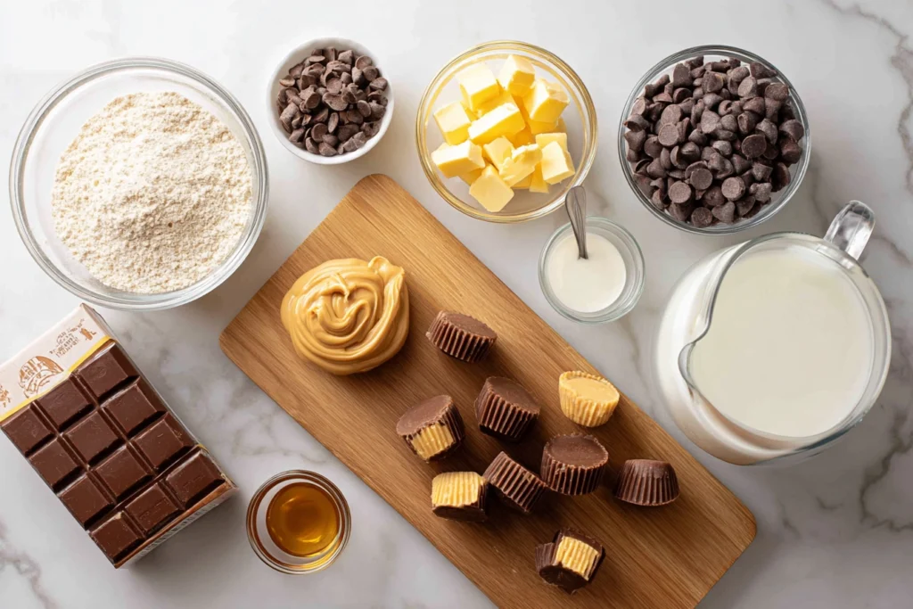 overhead shot of peanut butter cup dump cake delight ingredients arranged on a marble counter