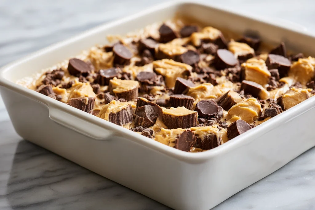 layering peanut butter cup dump cake delight ingredients in a baking dish before baking