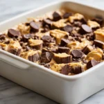layering peanut butter cup dump cake delight ingredients in a baking dish before baking